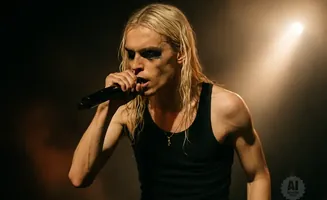 A man with long blonde hair and dark eye makeup sings into a microphone on stage.