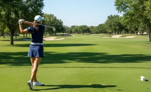 Golfer in blue skirt and shirt swings club on a sunny golf course with sand traps and trees.