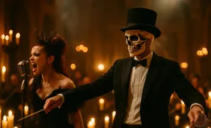 A person in a skeleton mask and top hat stands by a singer in a black dress and spiky crown, surrounded by flickering candles.