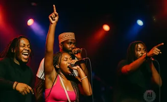 Four people performing on stage with microphones, with red and blue stage lights.