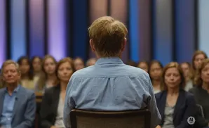Man in blue shirt facing away from camera, audience in background.