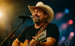 A smiling man in a cowboy hat plays guitar and sings into a microphone on stage.