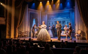 A theatrical performance with dancers, actors, and an orchestra on stage.