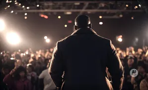 A person in a dark coat stands facing a cheering crowd, illuminated by stage lights.