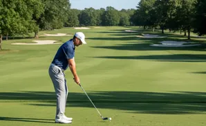 Golfer in blue shirt and grey pants prepares to swing on a green golf course fairway, with trees and sand traps in the background.