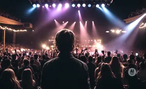 Silhouette of a person watching a brightly lit concert stage and cheering crowd.