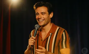 A smiling man in a striped shirt holds a microphone on a dimly lit stage with red curtains.