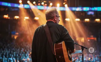 Musician with acoustic guitar on stage, back to camera, illuminated by stage lights, in front of a blurred audience.