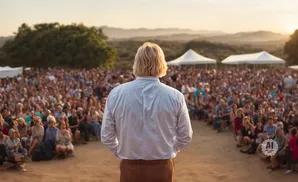 A man with blond hair stands with his back to the camera, facing a large crowd at an outdoor event.