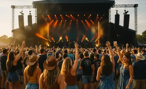 Crowd at an outdoor concert with hands raised, cheering as a band performs on a brightly lit stage.