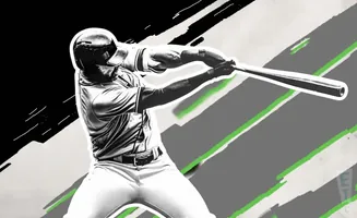 A stylized black and white illustration of a baseball player swinging a bat with green accents.