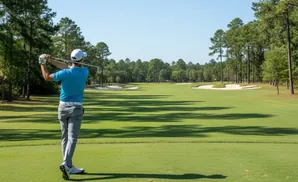 Golfer swings club on a sunny golf course lined with pine trees and sand traps.