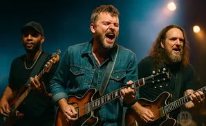 Three men playing guitars on stage with the lead singer in the center with his mouth open.