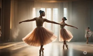 Ballerinas in pink tutus dance in a sunlit studio.