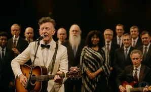 A man in a white suit sings and plays guitar, with a choir behind him.