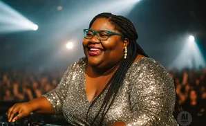A Black woman with braids and glasses smiles while DJing in a sequined dress, with a crowd and spotlights in the background.