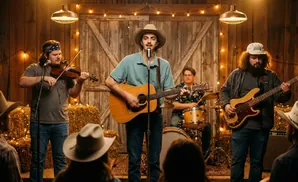 A band of musicians performing on stage. Two guitarists, a bassist, and another musician are visible, playing their instruments.