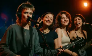 A band of four young women plays guitars and sings into microphones on a stage.
