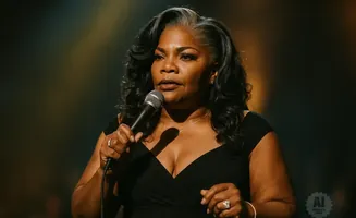 Mo'Nique with gray streaks in her hair, wearing a black dress and holding a microphone.