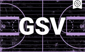 A stylized, purple-and-black illustration of a basketball court with a subtle grunge texture and a basketball icon in the upper right corner.