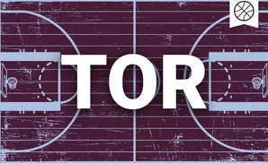 A worn, purple basketball court with light blue lines and a basketball icon on a banner.