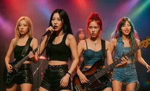 Five women in pink dresses perform on stage with a colorful background.