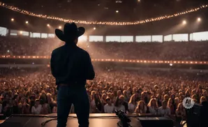 Cowboy on stage facing a cheering crowd in a stadium.