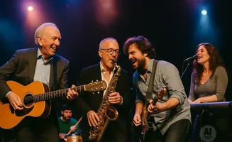 A band performs on stage, with a guitarist, saxophonist, singer, and drummer.