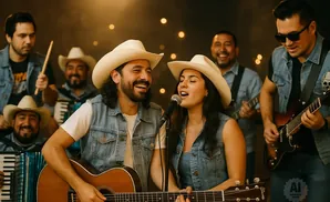 A band plays country music, with a male and female singer in the foreground, and other band members playing guitar, accordion, and drums.