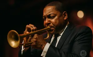 A Black man in a suit plays a trumpet, his face focused.