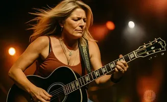 A woman with blonde hair plays an acoustic guitar on stage, bathed in warm light.