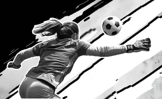 A goalkeeper leaps to save a soccer ball.