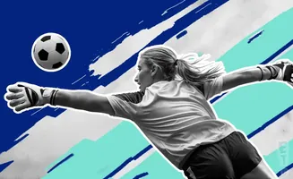 A soccer goalie lunges to catch a ball, with a graphic background of blue, teal, and white brushstrokes.