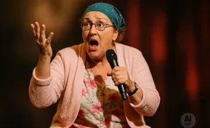Comedian in a pink cardigan and floral shirt gestures with her left hand while holding a microphone in her right.