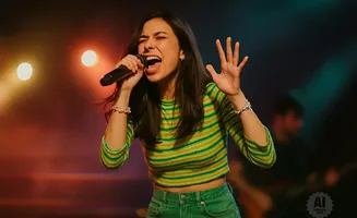 Singer with her mouth open, holding a microphone and raising her hand on stage with colorful lights.