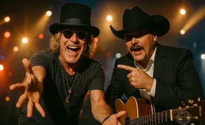 Two men in hats, one in a top hat and sunglasses, the other in a cowboy hat, play guitar and point excitedly.
