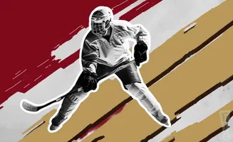 A black and white image of a hockey player in motion, set against a red and gold background with abstract brushstrokes.