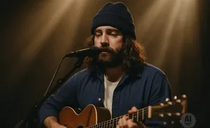 A man with a beard wearing a blue beanie and shirt plays an acoustic guitar into a microphone.