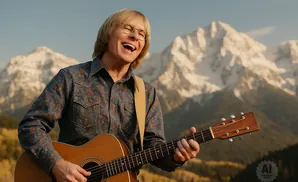 A man with blonde hair and glasses laughs while playing an acoustic guitar with mountains in the background.