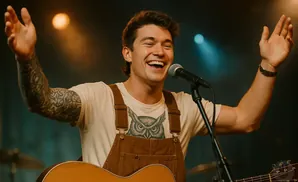 A man with tattoos on his arm, wearing overalls and a t-shirt with an owl graphic, smiles while singing into a microphone.