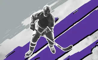 A black and white hockey player in uniform skates, holding a stick, with purple and gray abstract brush strokes.