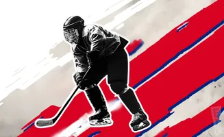 Black and white hockey player in action with red and blue background.