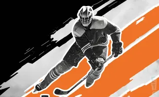 A hockey player in a mask and uniform skates across an orange and black background.