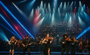 Musicians perform on stage with an orchestra behind them, illuminated by dramatic stage lighting.