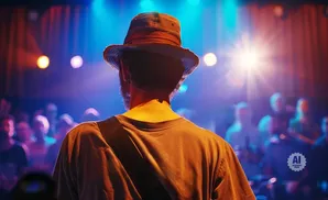 Man in a hat on stage, facing a blurred audience under colorful stage lights.