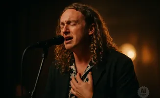 Man with long curly hair singing emotionally into a microphone, hand on chest.