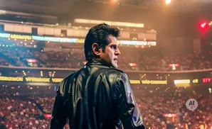 Man in black leather jacket on stage at a concert, facing away from the camera, looking out at a large audience in a stadium.