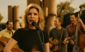 A woman sings into a microphone with a band playing guitars and a double bass behind her.
