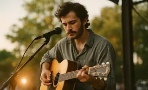 A man plays an acoustic guitar and sings into a microphone outdoors, with a blurred background of trees and sunlight.
