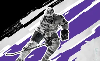 A hockey player in black and white, with purple and white diagonal streaks in the background.